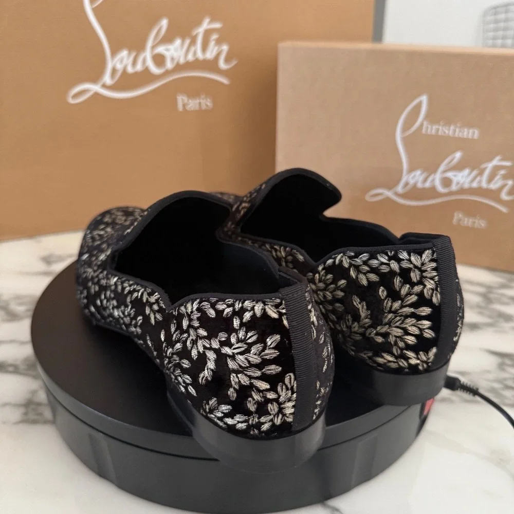 Christian Louboutin 1240896 Dandy Chick Orlato Shoe, Embroidered Black Velvet 42
